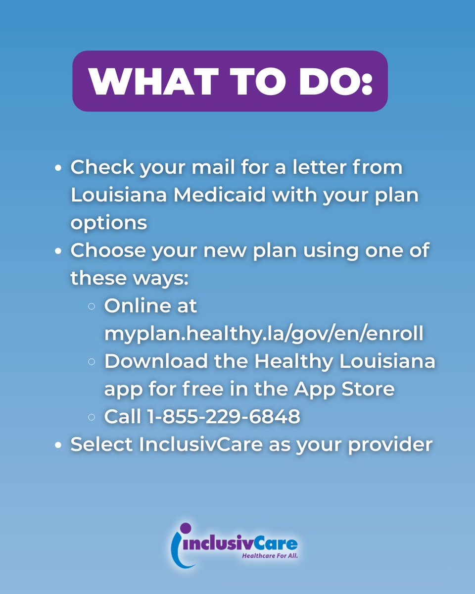 Time is running out! ⏰ 

February 15 is the deadline to choose a new Medicaid plan if you have UnitedHealthcare.

Choose now to keep InclusivCare as your provider, because your care shouldn’t be disrupted! 💙💜

Get the process started: inclusivcare.com/medicaid-faq #InclusivCare