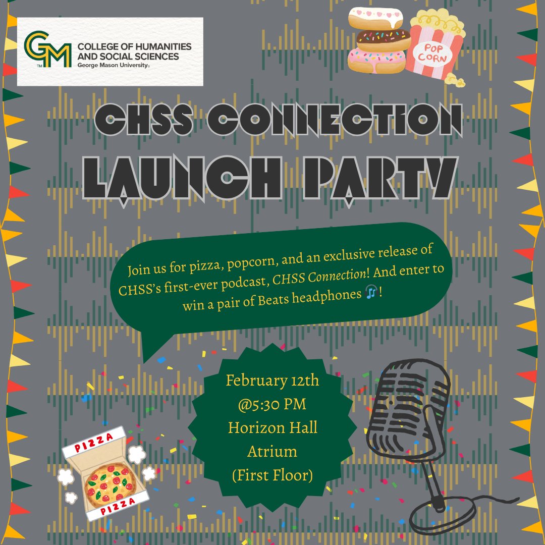 The 𝑪𝑯𝑺𝑺 𝑪𝒐𝒏𝒏𝒆𝒄𝒕𝒊𝒐𝒏 Podcast launches TMRW! This podcast by students/for students will bring real &amp; honest conversations about navigating the college experience as a CHSS student. For more info: academicaffairs.chss.gmu.edu/events/17911 #CHSSpod #CHSSConnection #podcastlaunchparty