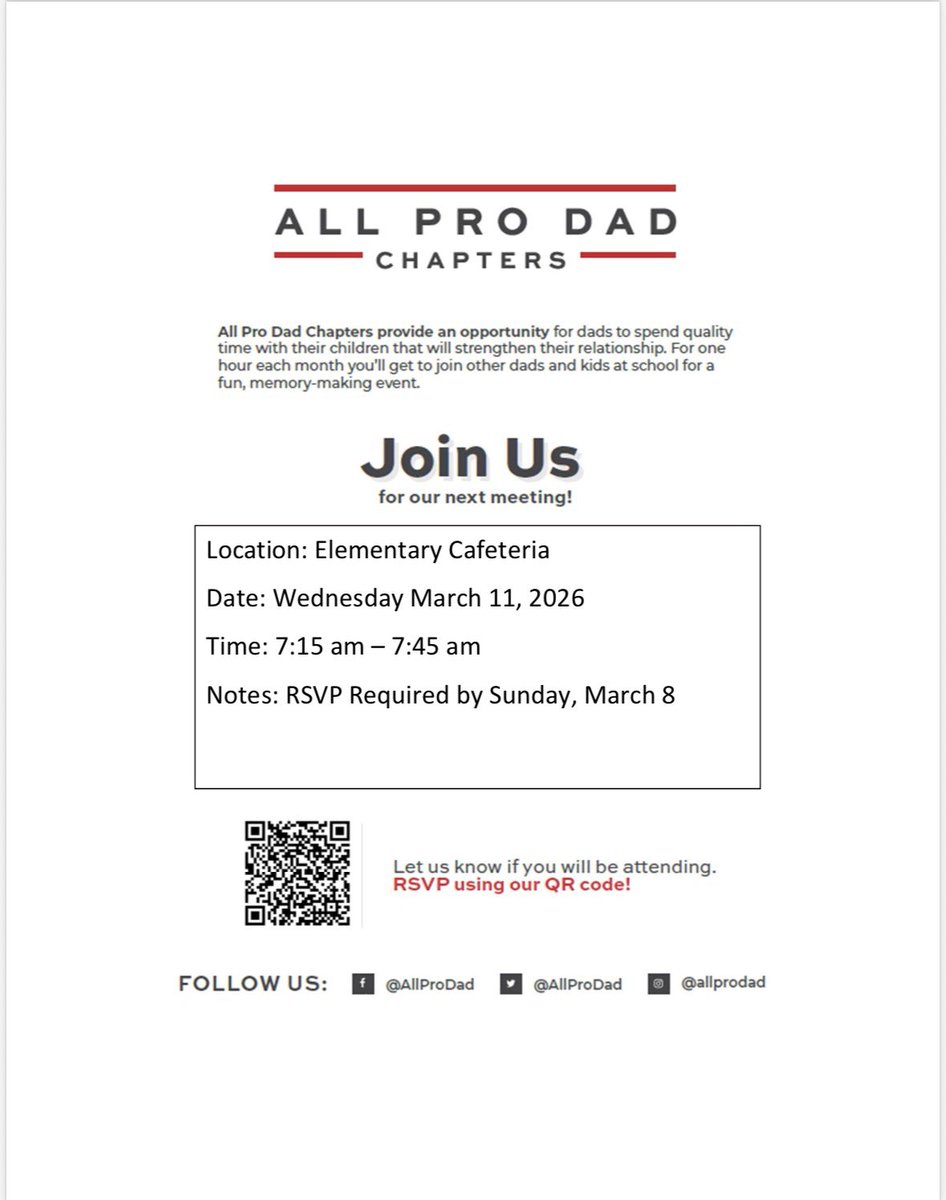 Join us at SVA for All Pro Dads on Wednesday March 11th at 7:15am; Registration is required! Scan below! 🌟💙👑