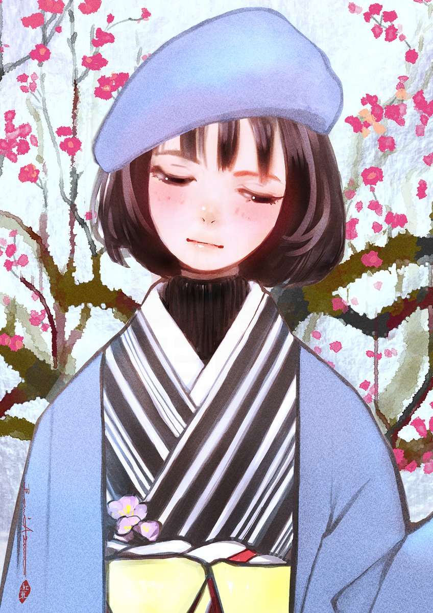 imoyoukan278's tweet image. Modern Kimono &amp;amp; Red Plum.
#Illustration