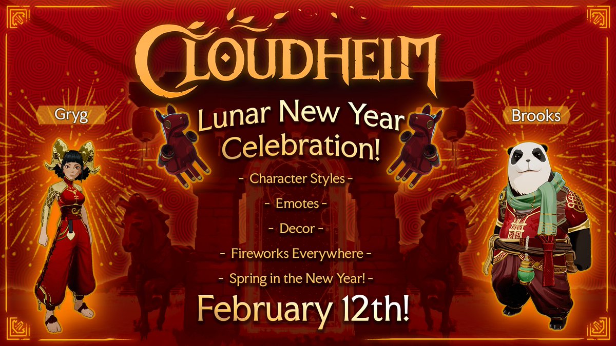Lunar New Year starts in Cloudheim tomorrow, February 12th!

We’re adding new emotes, firework destructibles, and themed decor to celebrate.

Here's a peek at what's coming 🧨🧨🧨
