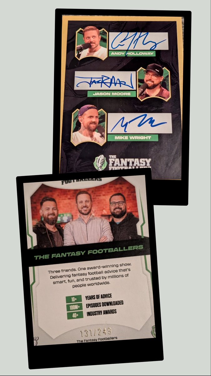 GamingTeacher4's tweet photo. Absolutely buzzing today. These awesome pieces arrived in Scotland from @TheFFBallers π₯ including rare gold card 131/249 of all 3 legends. Thank you thank you thank you @AndyHolloway @JasonMoore @FFHitman π #NFL #FantasyFootball #TheFantasyFootballers #ItsFootballTime https://t.co/TJt9UYyYuW