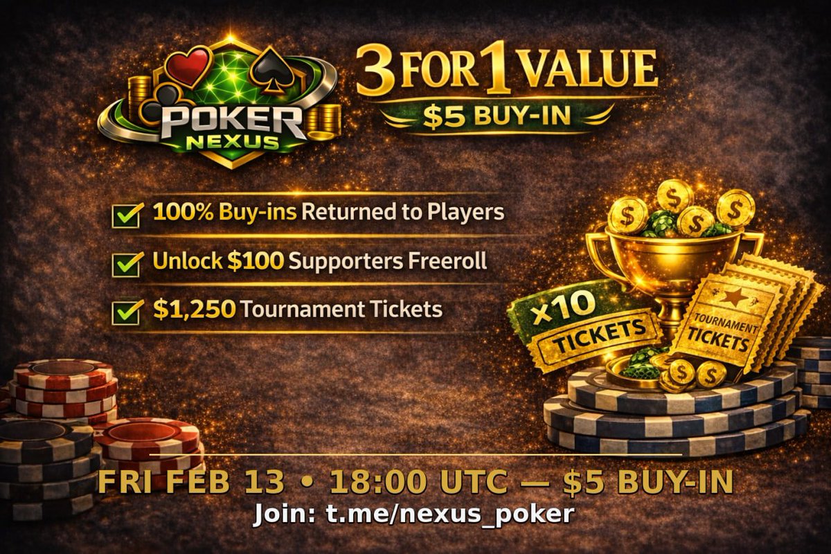 ♠️ PokerNexus — $5 Buy-in Main Event (Feb 13, 18:00 UTC) 🔥

We’re testing the next step for the community — a small-field $5 event with 3-in-1 value.✅ 

Already 9 players registered (with days still left).
Small field = big EV. 

Here’s what you get for $5:

✅ 1) 100% of