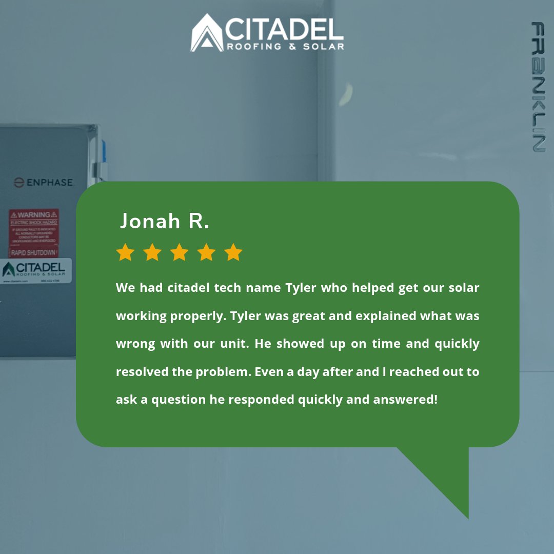 Here’s one review from our customer Jonah, along with a photo of his system serviced by our talented technician Tyler!

#CitadelRS #SolarService #CustomerReview #SolarMaintenance