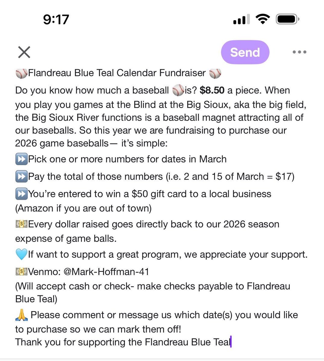 ⚾️ Flandreau Blue Teal Calendar Fundraiser ⚾️