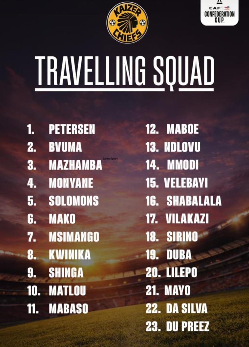 🚨AMAKHOSI ARE EGYPT-BOUND! 🇿🇦✈️🇪🇬

The 23-man Kaizer Chiefs squad for the #CAFCC Group D decider against Zamalek has been confirmed! 🏆

Our warriors are ready for the ultimate test in Cairo this Saturday.

Every player counts in this crucial clash for knockout stage