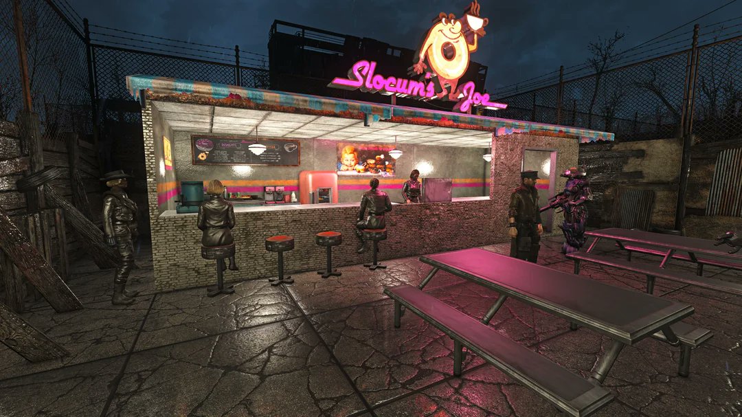 latkedelrey's tweet photo. the best thing you can do in fallout 4 is get the workshop pack that lets you rebuild the fake dunkin donuts franchise and put one in all of your settlements https://t.co/44uMVsAtmm