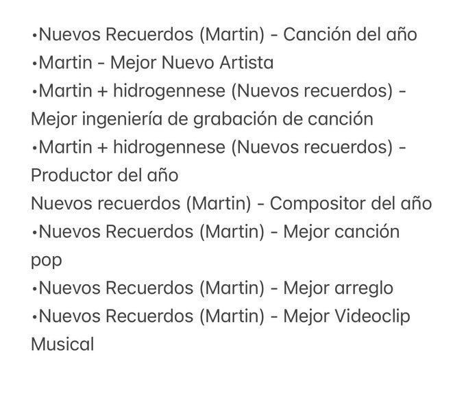 MartinUrrutiaES's tweet photo. ℹ️ | Martin ha sido admitido en 8 candidaturas para las nominaciones a los premios de La Academia de la Música de España. 

— Son solo candidaturas, más adelante se anunciarán las definitivas para que los miembros de la Academia seleccionen a los ganadores

🔗: https://t.co/k9K4m8TDA6

cc: @criissmumuista
