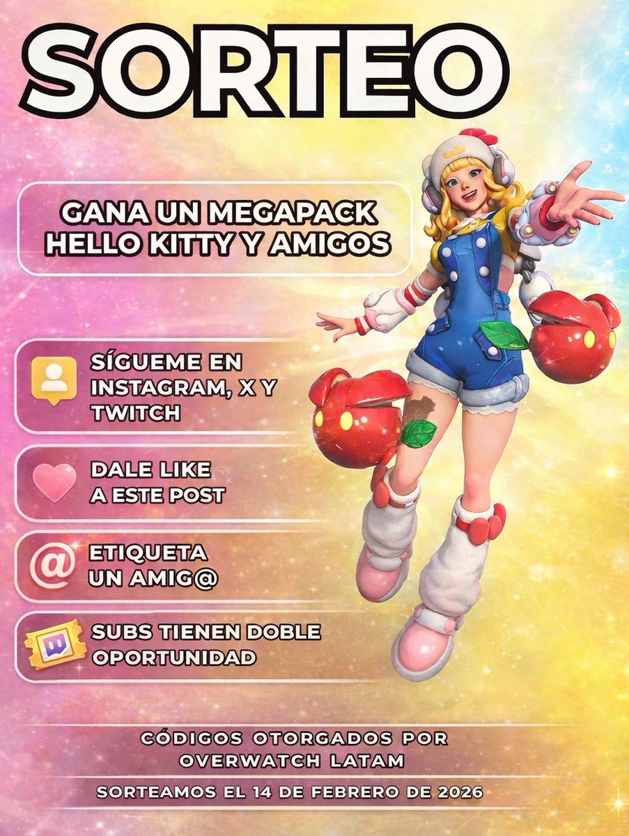 🍎 SORTEO MEGAPACK HELLO KITTY Y AMIGOS

Gracias a <a href="/OverwatchLATAM/">Overwatch</a> por el código para sortear a la comunidad 💝
Requisitos:
🩷 Seguirme en X, Twitch e Instagram
❤️ Menciona un amig@ 
🩵 RT y like
💚 Subs tienen doble oportunidad

#OWLATAMxSanrio #OWLATAM
Nos vemos el 14 de feb 🍀
