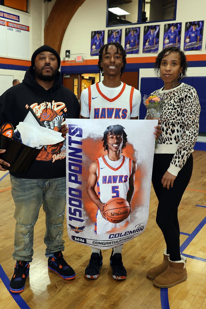 ValleyParkSD's tweet photo. A night to celebrate our amazing seniors! 🏀💙🧡 Shoutout to Tim, Owen, Brayden, Blake, Gavin, Peyton, Aubrey and Jermisha, plus a huge congrats to Tim Coleman on 1,500 career points! So much Hawk Pride in one room. #VPPride #GoHawks https://t.co/aMjLfPg1LS