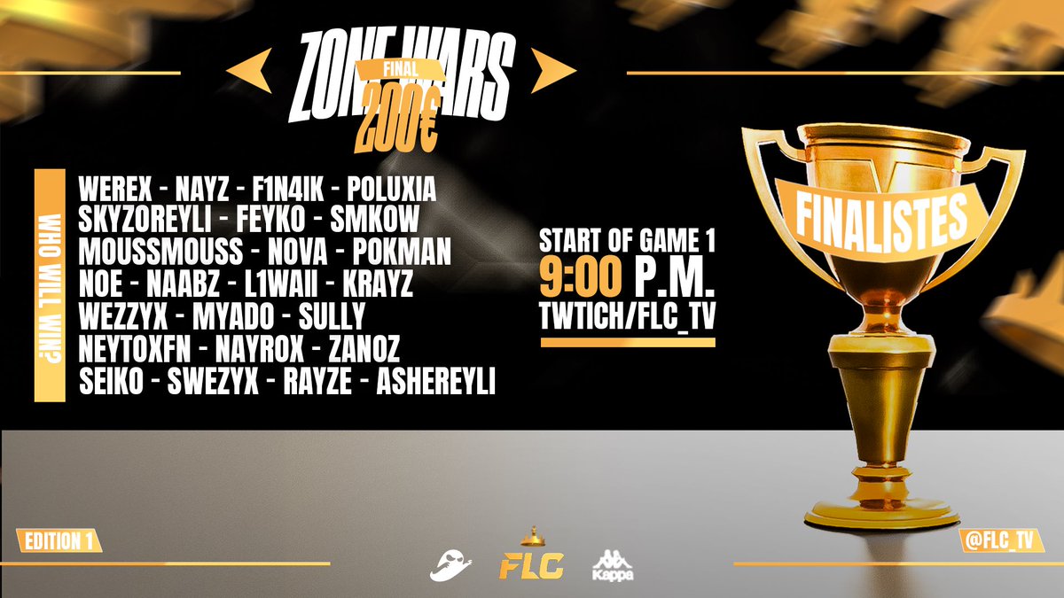 🏆 FINALE ZONEWARS 200€ 🏆

Voici les participants de ce soir !

Un grand merci à notre partenaire <a href="/HERESYGear/">HERESY Gear</a> qui rend cet événement possible 🤝

On se retrouve à 21H avec <a href="/craax4x/">FLC craax4x</a> au cast ! 🎧