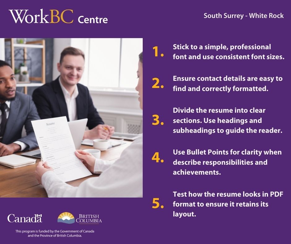 WorkBCSSWR's tweet image. 💡Job Search Tip of the Month: Does your resume make a strong first impression?
A clean and professional design highlights your strengths, ensures ATS compatibility, and engages recruiters.

✅Applicants with polished resumes are more likely to get callbacks and interviews.