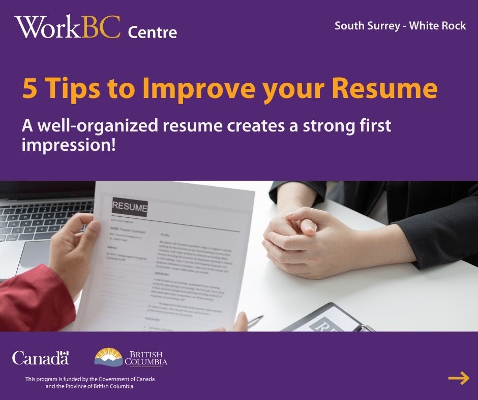 WorkBCSSWR's tweet image. 💡Job Search Tip of the Month: Does your resume make a strong first impression?
A clean and professional design highlights your strengths, ensures ATS compatibility, and engages recruiters.

✅Applicants with polished resumes are more likely to get callbacks and interviews.