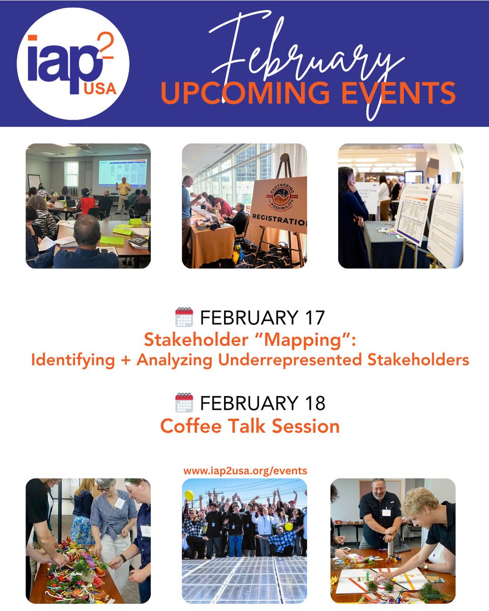 IAP2 USA brings you upcoming trainings + events to strengthen public participation and elevate community voices. Whether you’re building a foundation or sharpening your practice, there’s a seat at the table for you. Visit: iap2usa.org/events #PublicParticipation #IAP2USA