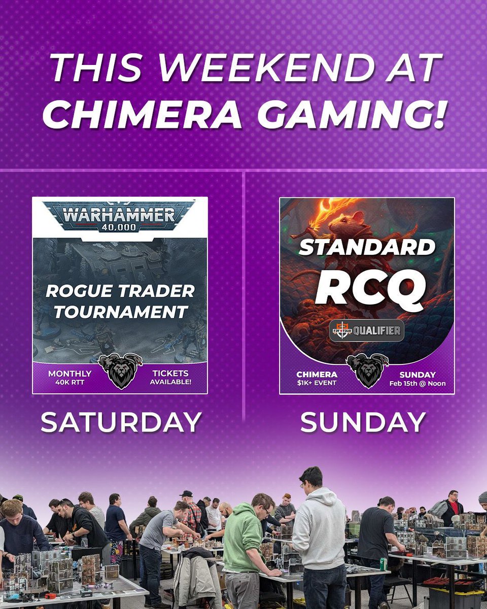 Big Weekend at Chimera Gaming! 

Our Monthly Warhammer 40K Rogue Trader Tournament kicks off this Saturday, followed by a Standard RCQ on Sunday!

🎟️ Tickets are still available for both events, so don’t wait, lock in your spot and get ready for a full weekend of competitive play