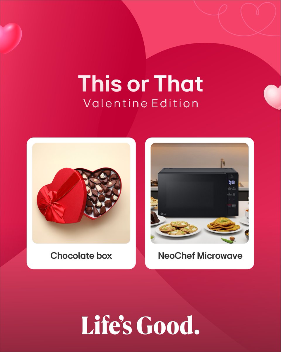 LGAfrica1's tweet photo. Chocolate is nice, but what if you could create desserts, warm meals, and cozy moments whenever you like?
So, which one wins your heart?
#ValentinewithLG #ValentineCollection #LifesGood #LGNigeria https://t.co/l7KbWM2fgX