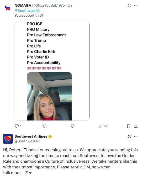 libsoftiktok's tweet image. 🚨UPDATE🚨

SouthWest @SouthwestAir just deleted the post where they suggested they will punish an employee for having Conservative views

Too late.

We have the receipts!