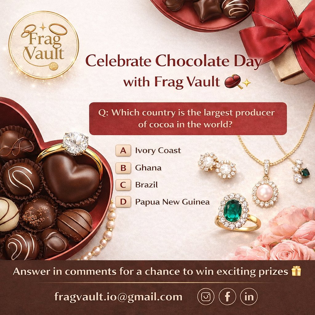 FragVault's tweet photo. 🍫✨ Day 3 – Chocolate Day with Frag Vault 💍💖

Join our contest &amp; win exciting prizes!
🏆 1 Big Winner | 🥈 2 Surprise Winners

📢 Winners on 14th Feb
✔️ Follow @fragvault
✔️ Like ❤️
✔️ Answer the quiz 💬

#FragVault #ChocolateDay #ValentineWeek #WinWithFragVault https://t.co/0WosTrt5Tt