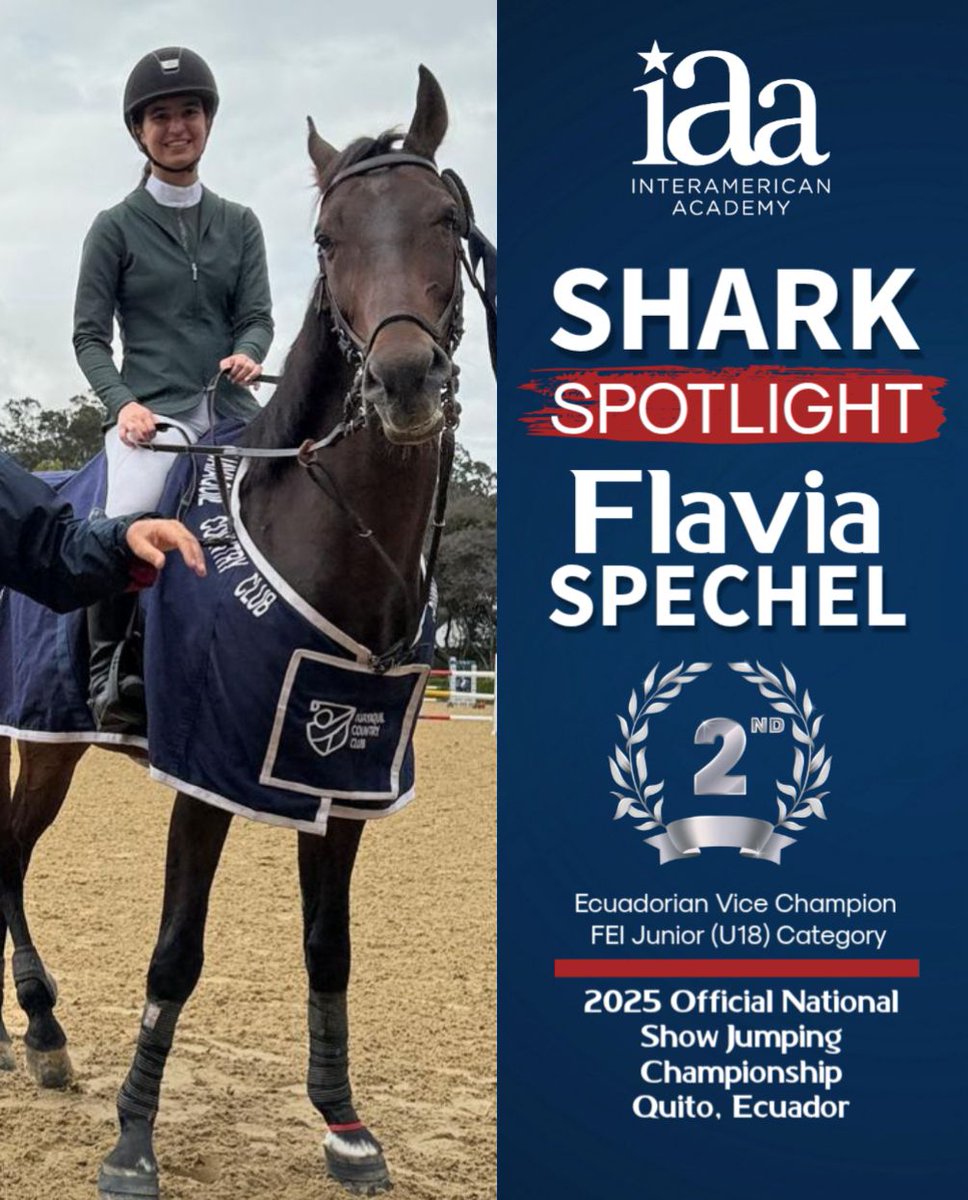 🦈✨ Shark Spotlight: Flavia
Ecuadorian Vice Champion 🥈 in FEI Junior at the 2025 National Show Jumping Championship in Quito 🏇🇪🇨
2x Guayas State Champion 🥇 (2024 &amp; 2025) and qualified for YOG 2026 in Dakar 🌍✨
So proud of you! 💙
#ProudShark #GoSharks 🦈