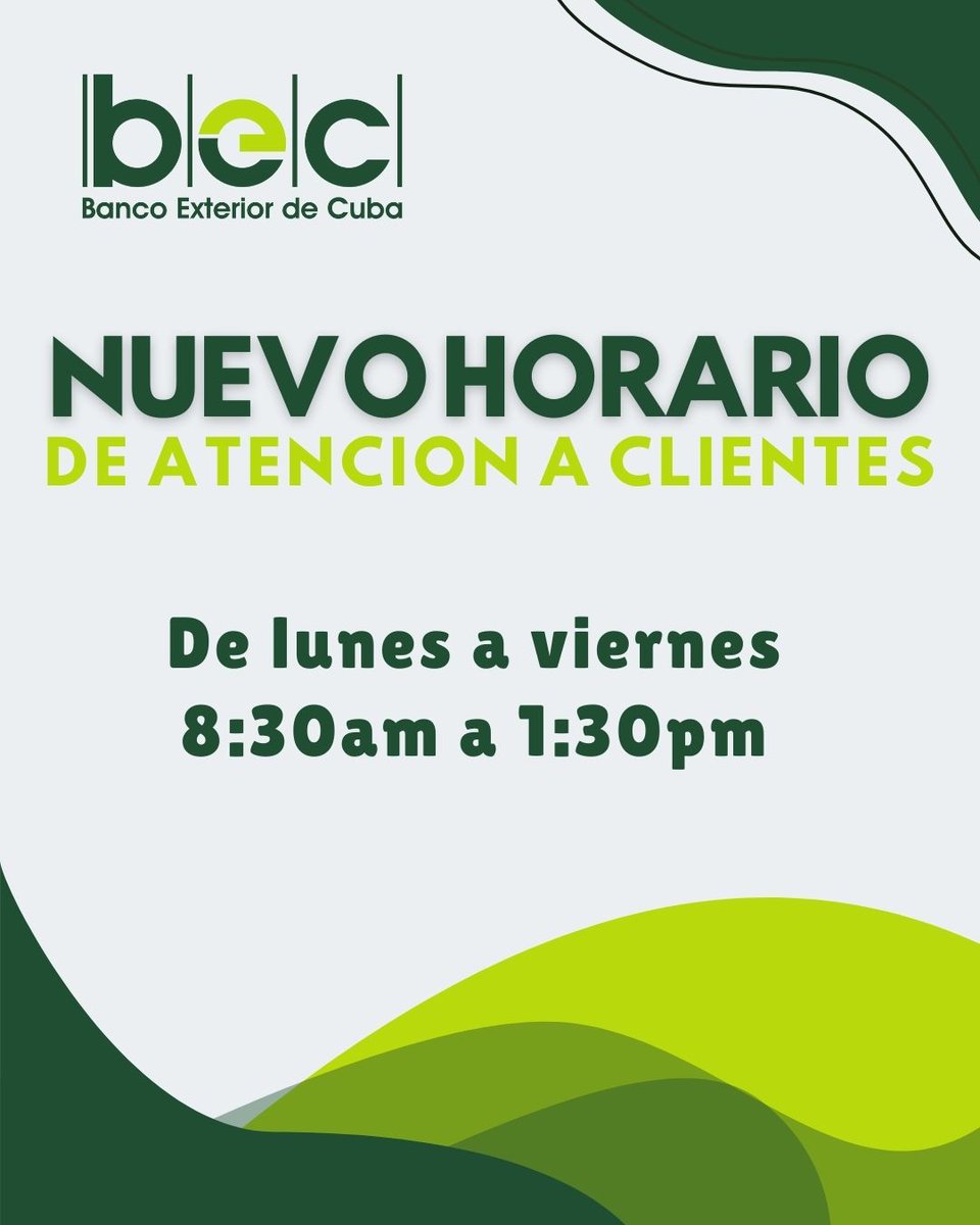 Informamos sobre un cambio en nuestro horario de atención al cliente, en respuesta a las actuales medidas energéticas del país. Manténgase informado a través de los canales oficiales.
#BancariosCubanos