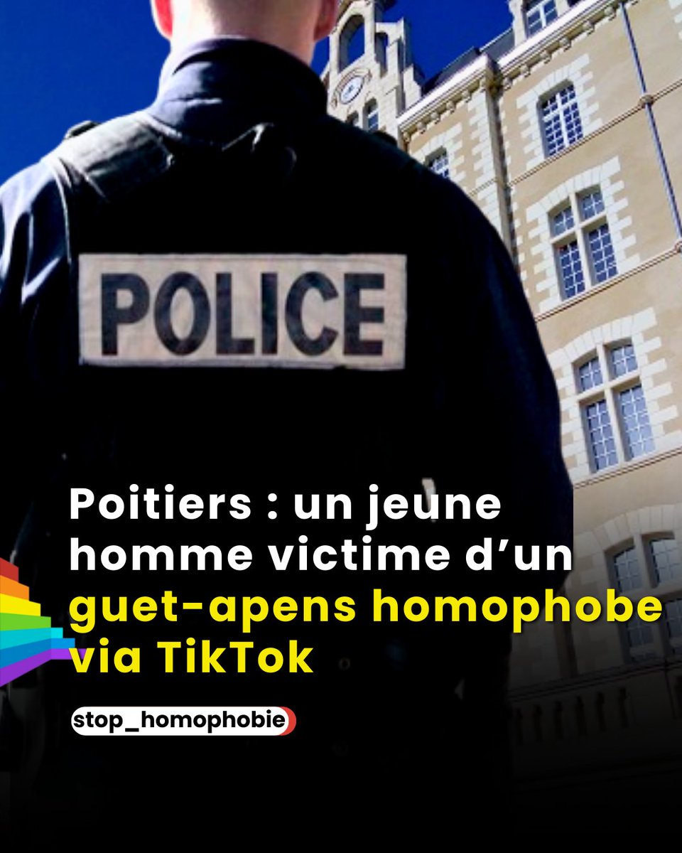 stop_homophobie's tweet photo. 📍 Poitiers : dans la nuit du 9 au 10 février, un jeune homme a été violemment agressé, après avoir été attiré dans un guet-apens organisé via un live TikTok.

L’agresseur l’a jeté au sol, frappé à coups de poing et de pied, et lui a demandé à plusieurs reprises de « s’excuser pour son homosexualité ».

Hospitalisée, la victime souffre de blessures au visage et d’un choc important.

Le parquet de Poitiers a ouvert une enquête pour violences volontaires aggravées, les faits étant commis en raison de l’orientation sexuelle et avec préméditation. Aucune interpellation n’a encore eu lieu.

Solidarité avec la victime.
Restons vigilants.

Pour rester informé·e et soutenir la lutte contre les discriminations LGBTQIA+, follow us 🌈

🔗 https://t.co/a75FOgjfIL

#Poitiers #AgressionHomophobe #Homophobie #LGBT #Violences #StopHomophobie #TikTok #Actualité #LutteContreLaHaine