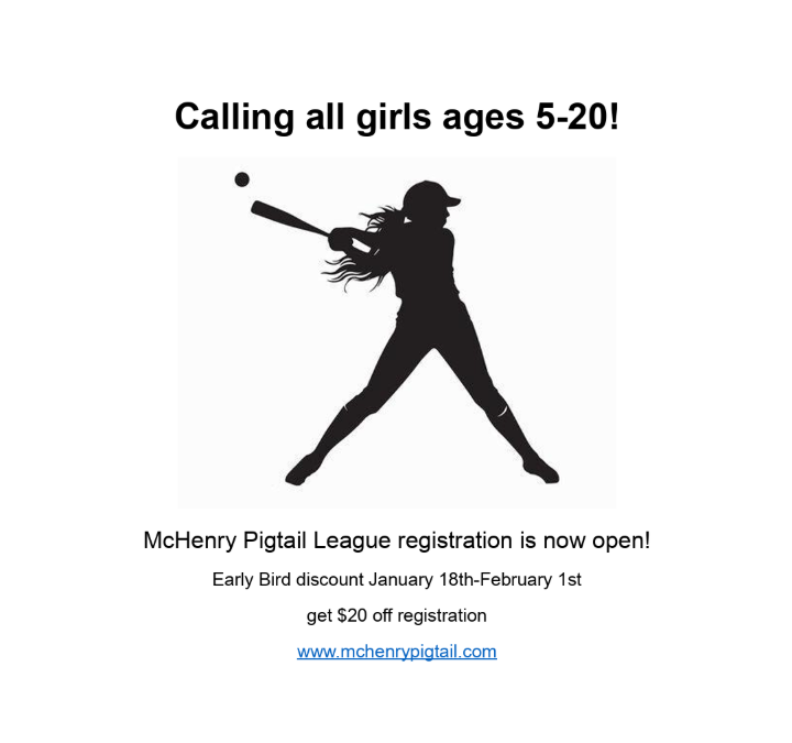 Registration for McHenry's Pigtail League is now open! Please see the flyer or go to mchenrypigtail.com for more information.