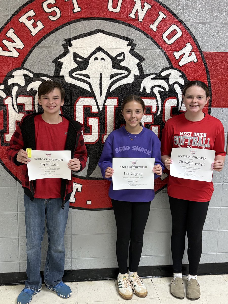 WestUnionSchool's tweet photo. Congratulations to our Eagles of the Week: Ryder Cobb, Evie Gregory, Charleigh Verrell and Braxton Burks! Keep up the good work! 🦅 https://t.co/HIH8kQtRp3