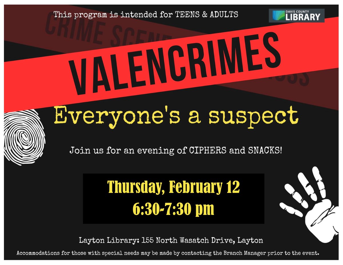 Mark your calendars for a book sale and Valencrimes on Thursday, February 12.
Get some great bargains on books at our Headquarters Library from 5-8 pm.
Teens and adults are invited to solve the Valentine's Day whodunit at our Layton Branch at 6:30 pm.