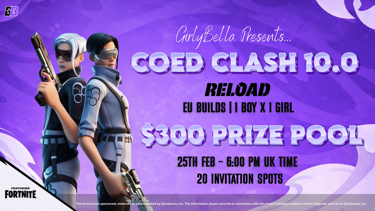 You asked for more Builds cups and i will deliver!🎊
🏆$300 COED CLASH 10.0🏆

 📅25th Feb | 6:00 UK.
 🎮Duo Reload Co-ed Cup
⛏️ EU Builds

- How to play : 
👍 Like &amp; Retweet. 
📌Follow @girlybella 
💬Reply with interest