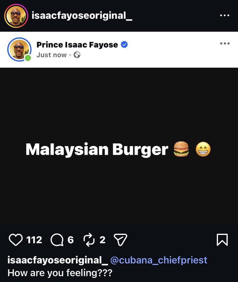 telymn_ent's tweet photo. Isaac Fayose called Cubana Chief Priest “Malaysia burger” 🥲
#ProofOfAuthenticity https://t.co/oIk7UrzlAs