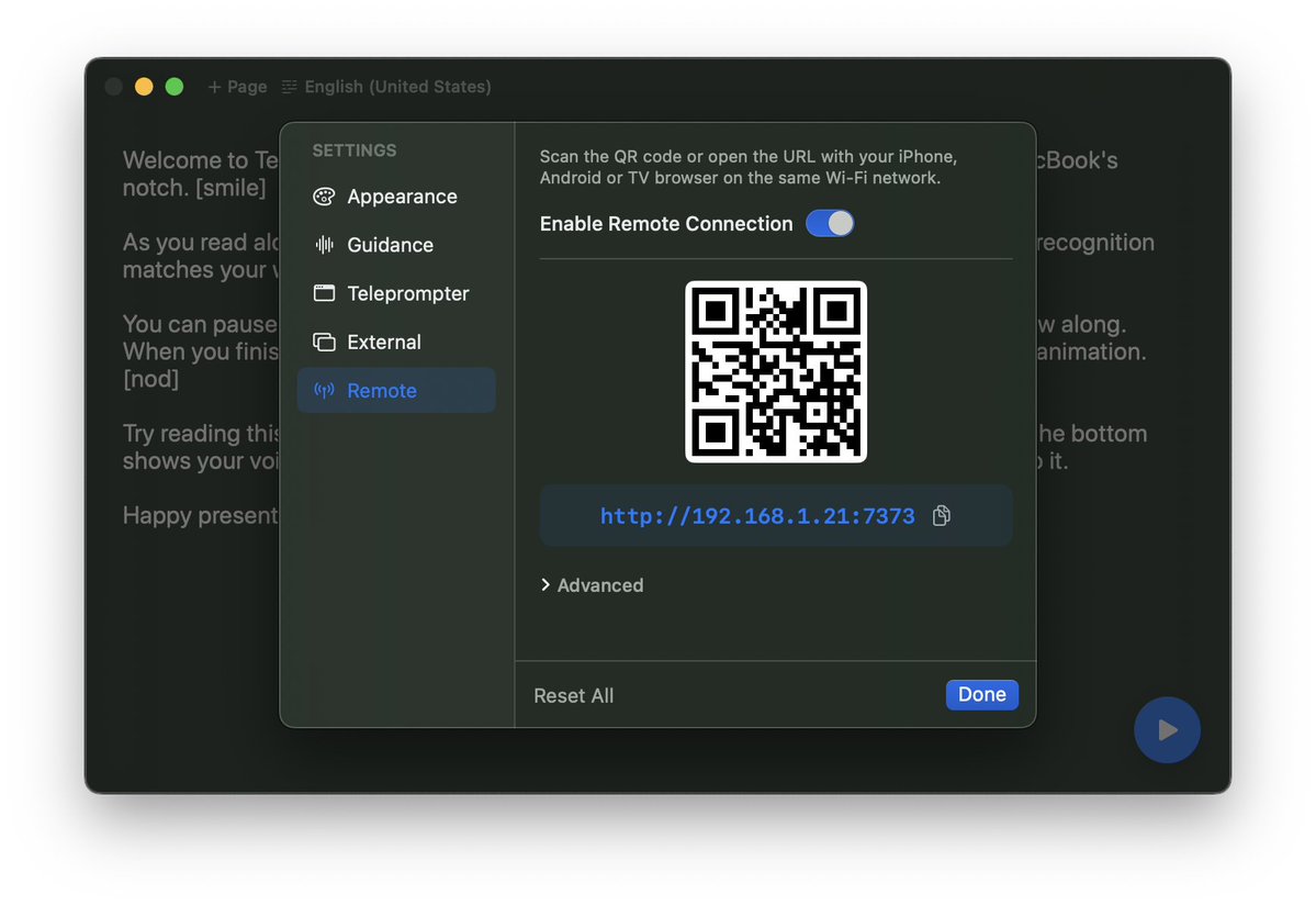 📱 Textream just broke free from your Mac.

Open ANY browser (iPhone, Android, iPad, even your TV) and boom, instant teleprompter. Same WiFi with your MacBook, zero setup. Just scan the QR code and start reading.

Dropping in the next update 👀

→ textream.fka.dev