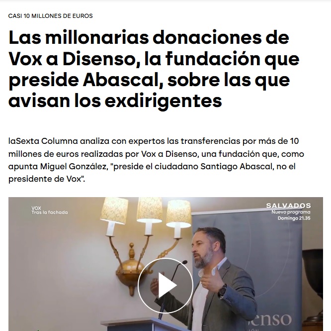 VOX ha transferido ya más de 10 millones de euros a Disenso, la fundación de Abascal, en la que es presidente como ciudadano particular. Pronto lo veremos con chalet nuevo.

No hagáis RT, que si se hace viral, <a href="/_Marta_Castro/">Marta Castro</a> me meterá una querella por difamar.