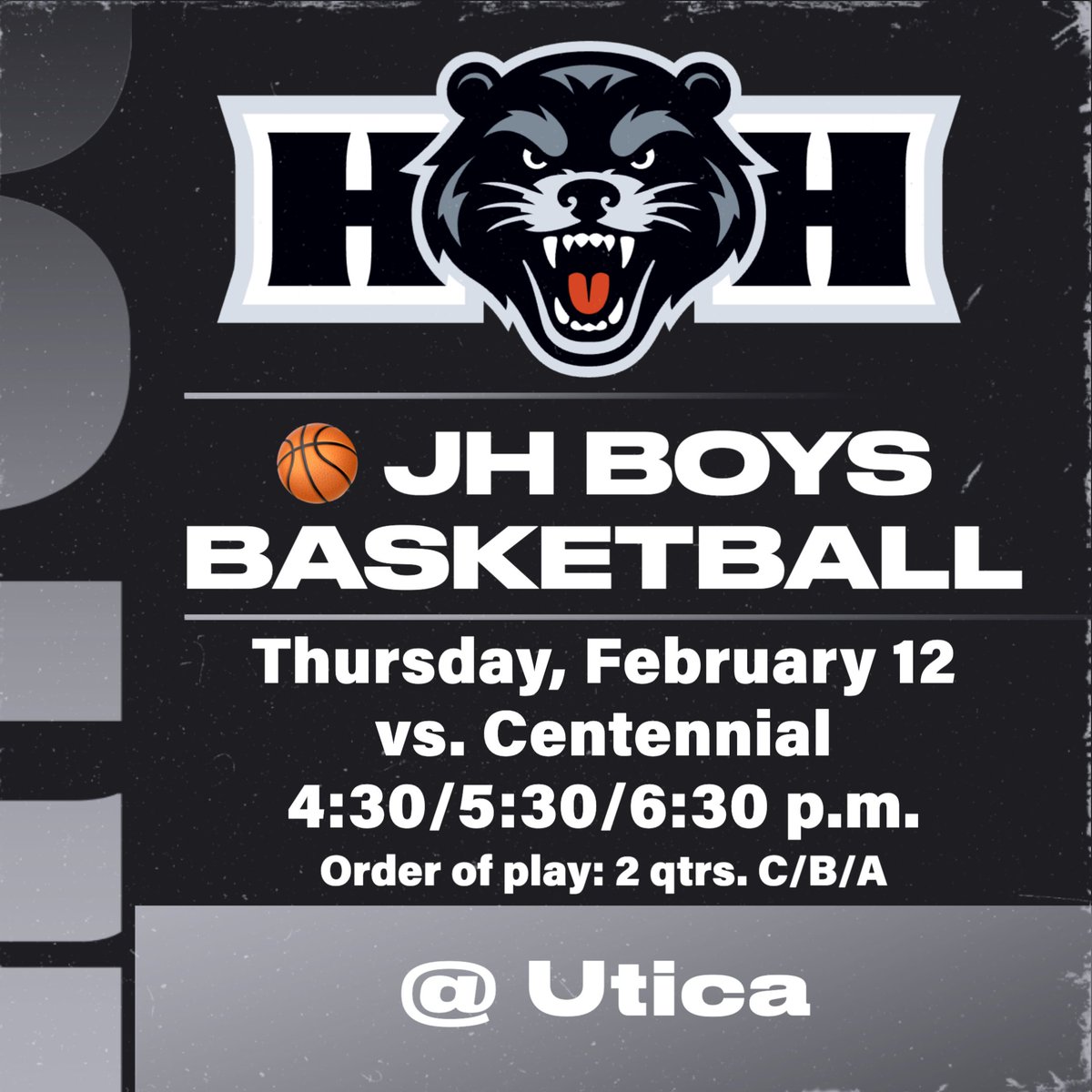 JH BBB travels to Centennial on Thursday. Order of play is two quarters "C" followed by "B" and then "A." 🏀 #GoBearcats  

Livestream: tinyurl.com/y7vk2tv9