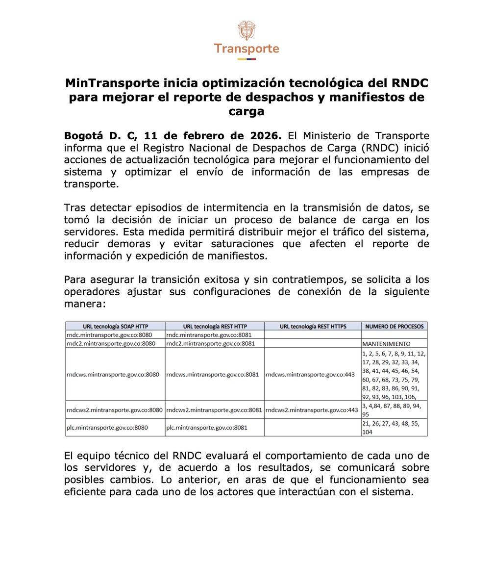MinTransporte inicia optimización tecnológica del RNDC para mejorar el reporte de despachos y manifiestos de carga.