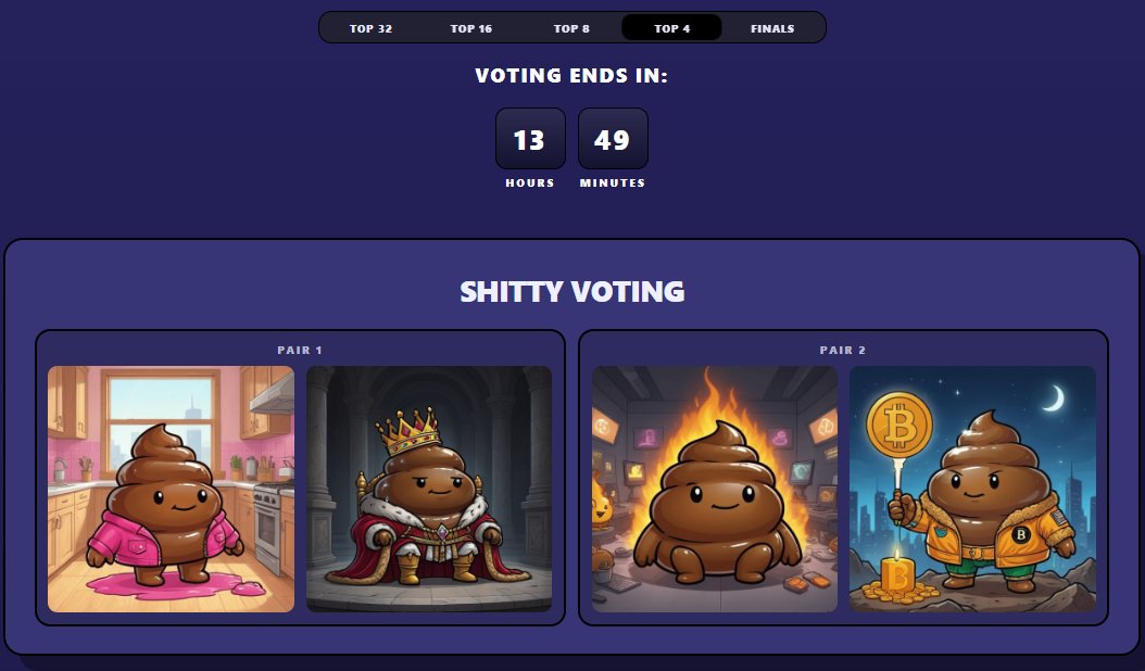 Top 4 round is live, go vote for your favourite Shitties! 

Vote here: giveashit-token.com/pfp-contest