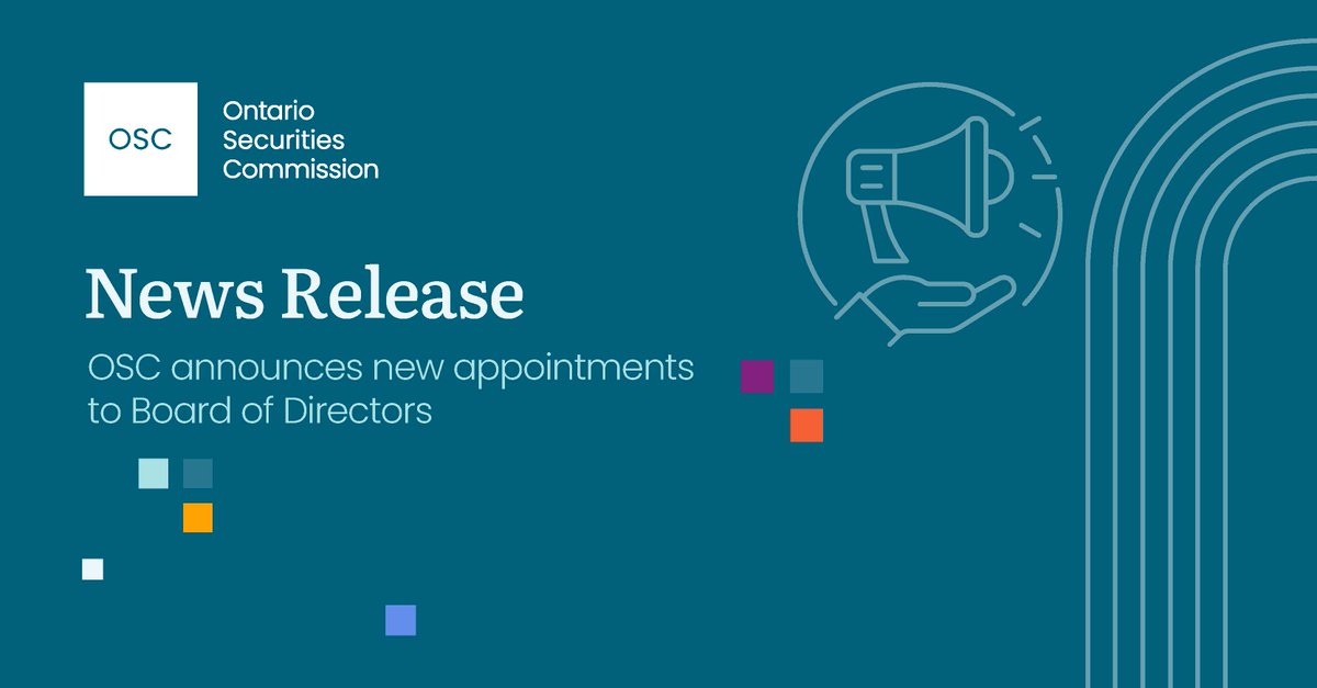 OSC_News's tweet photo. OSC announces new appointments to Board of Directors: https://t.co/zMzjhGYFE7

The OSC announced the appointments of Jeff Allsop, Rick Byers, Deborah Starkman, and Georgia Woods to its Board of Directors, where each will serve a two‑year term. Together the new appointees have extensive experience across a number of sectors – from financial services and capital markets to technology and digital transformation.

“Jeff, Rick, Deborah, and Georgia bring important insights from their diverse backgrounds. Their valuable experiences from across the Canadian and international finance, capital markets, accounting, and technology sectors will play a crucial role in supporting the OSC with its important work,” said Kevan Cowan, Board Chair. “On behalf of the OSC Board, I welcome each of them and look forward to their contributions to help grow our capital markets, and support investors.”

“As we face the challenges posed by global economic headwinds, we recognize more than ever the importance of strong corporate governance,” said Grant Vingoe, Chief Executive Officer, OSC. “Each new addition to the Board brings a fresh perspective to help support our work as a regulator as we shape the future of Ontario’s capital markets in the interests of market participants, investors, and the people of Ontario.”