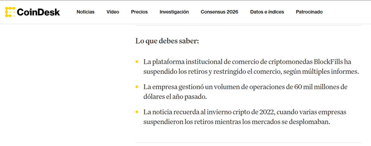 techconcatalina's tweet image. 🚨ATENCIÓN🚨

BLOCKFILLS SUSPENDE DEPÓSITOS Y RETIROS: ¿OTRO DOMINÓ A PUNTO DE CAER ESTILO FTX?

🚨La firma institucional que manejó $60B en 2025 acaba de congelar los fondos de sus clientes.

👉Sirve a +2.000 instituciones, incluidos FONDOS de cobertura y gestores de activos.…