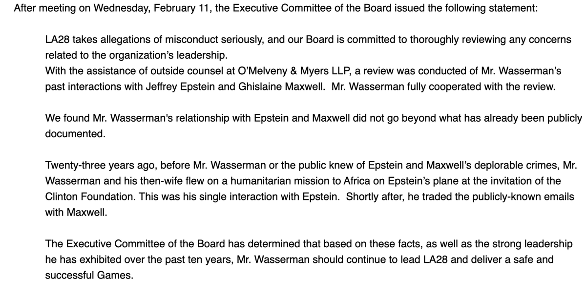 Casey Wasserman will remain chair of the LA28 organizing committee.

Earlier today, Abby Wambach became the first athlete to leave his agency in response to emails between Wasserman and Ghislaine Maxwell.

LA28 statement below and updated story here:
frontofficesports.com/abby-wambach-l…