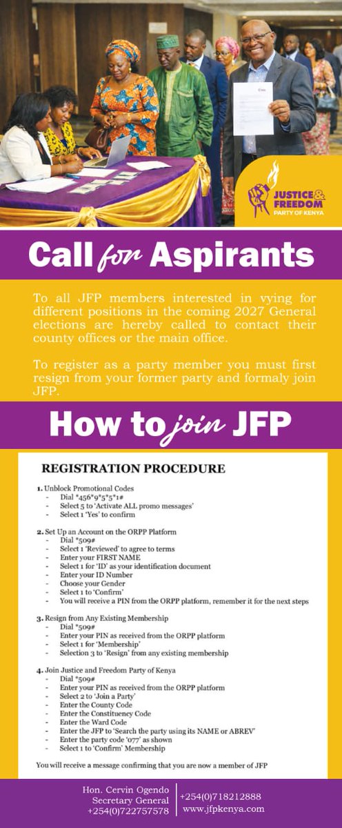 📲 Join JFP now! Dial 509# → Resign old party → Enter 077 → Be part of Kenya’s future!