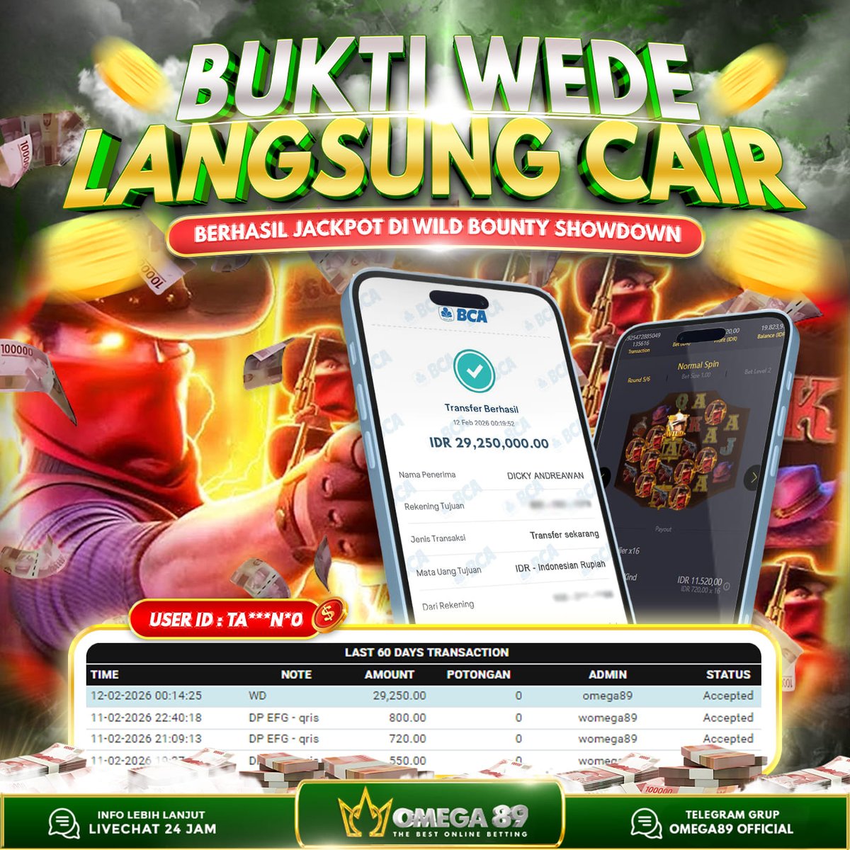 omega89rt's tweet photo. OMEGA89 JACKPOT DI WILD BOUNTY SHOWDOWN Rp.29.250.000,- LUNAS!!💸💸

✅ Withdraw Cepat
✅ Bukti Transfer Nyata
✅ Menang Berapapun Pasti Dibayar

Raih JP nya sekarang juga bersama OMEGA89!

🌐 https://t.co/e2ytpGxzOH

#Omega89 #Omega89login #Omega89rt #Slotomega89 #Jackpot https://t.co/P8dWOzz5Fl