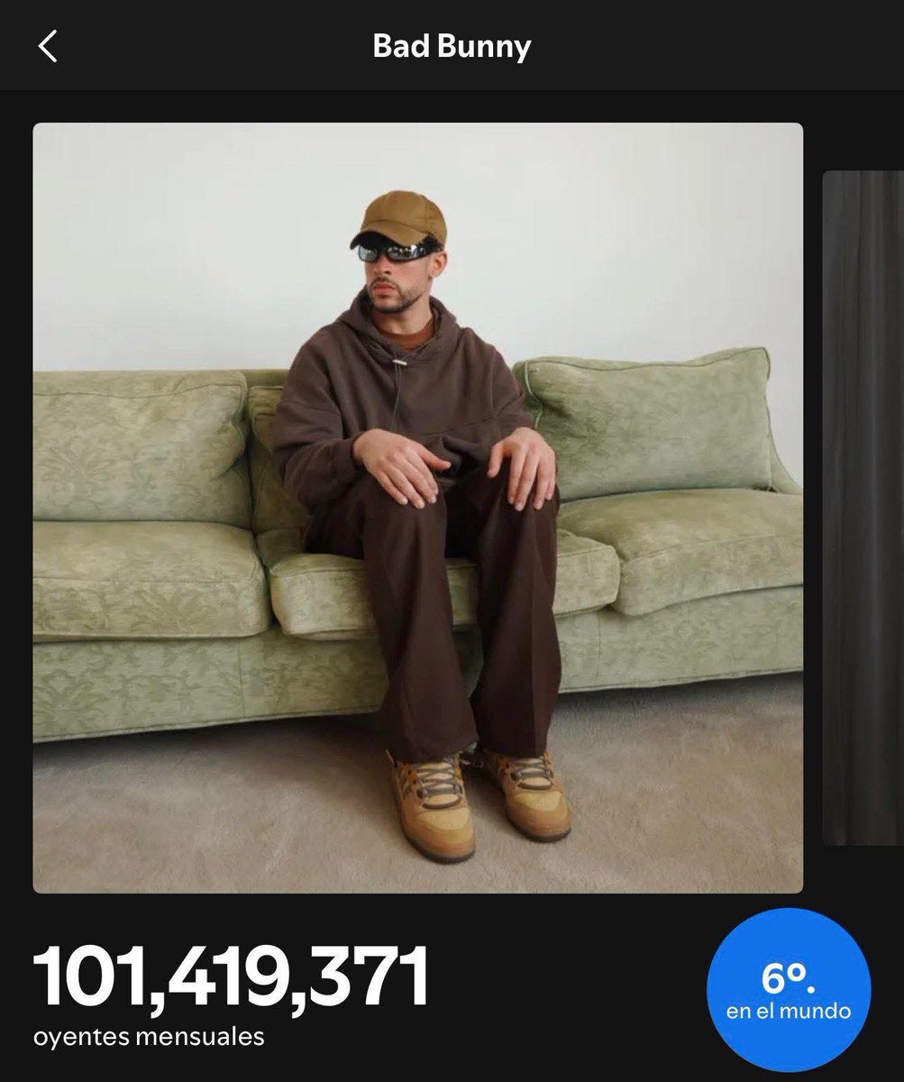 Indie5051's tweet image. Bad Bunny se convierte en el PRIMER y ÚNICO artista latino en superar los 100 millones de oyentes mensuales en la historia de Spotify.