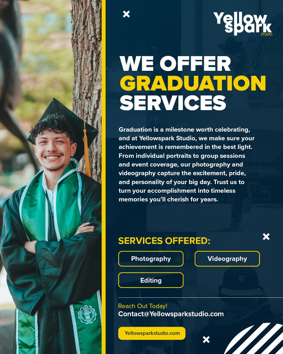 YellowsparkAD's tweet image. Graduation is a milestone worth documenting.

We offer graduation photography and video built around the individual, not the production.

Learn more at yellowsparkstudio.com

#YellowsparkStudio #SparkYourVision #GraduationServices #GraduationPhotos