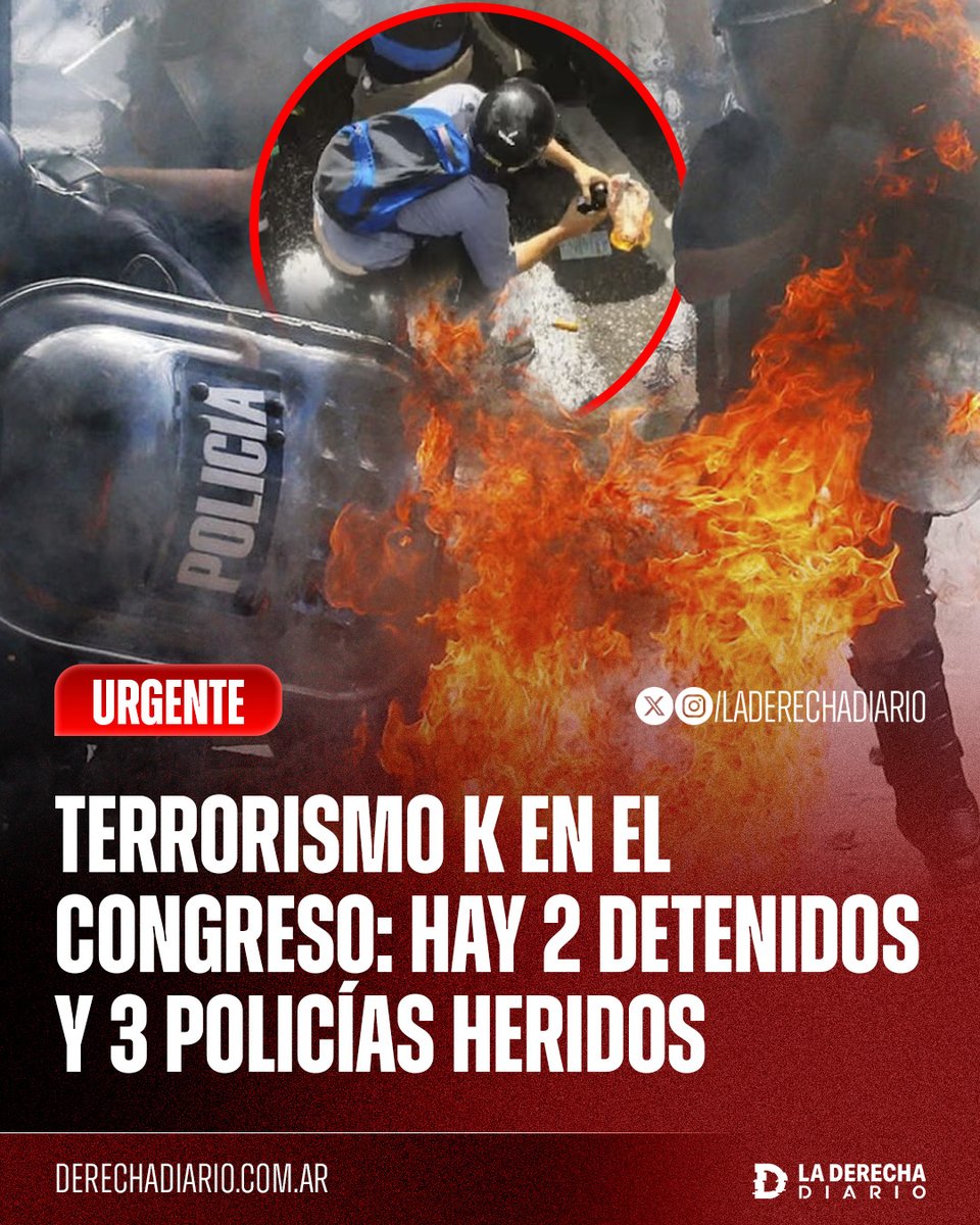 🚨🇦🇷 | #URGENTE TERRORISMO K EN EL CONGRESO: Ya hay dos agitadores golpistas detenidos por lanzar bombas molotov contra la Policía y tres gendarmes heridos, mientras se trata la reforma laboral de Milei.