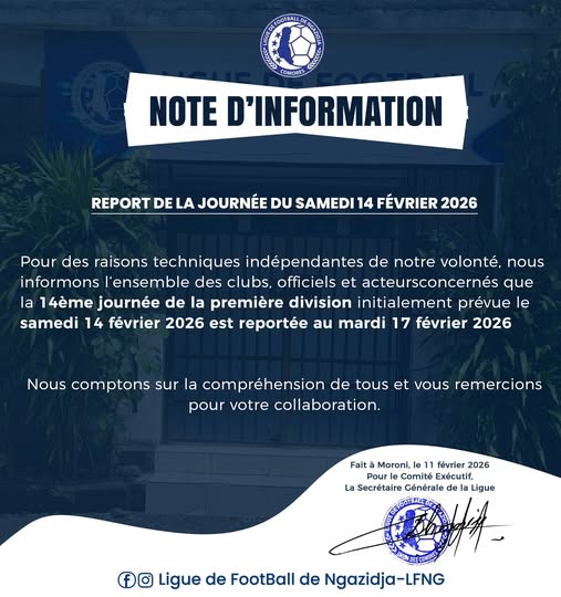 Radio_DouniaWeb's tweet photo. Ligue de de Football de Football VS Saint Valentin 
𝐍𝐎𝐓𝐄 𝐃’𝐈𝐍𝐅𝐎𝐑𝐌𝐀𝐓𝐈𝐎𝐍
Pour des raisons techniques, la 14ème journée de la 𝐏𝐑𝐄𝐌𝐈𝐄̀𝐑𝐄 𝐃𝐈𝐕𝐈𝐒𝐈𝐎𝐍 (𝐃𝟏), initialement prévue ce samedi 14 février 2026, 𝐞𝐬𝐭 𝐫𝐞𝐩𝐨𝐫𝐭𝐞́𝐞 le𝟏𝟕 02𝟐𝟔. https://t.co/Vyh4Xzha4w