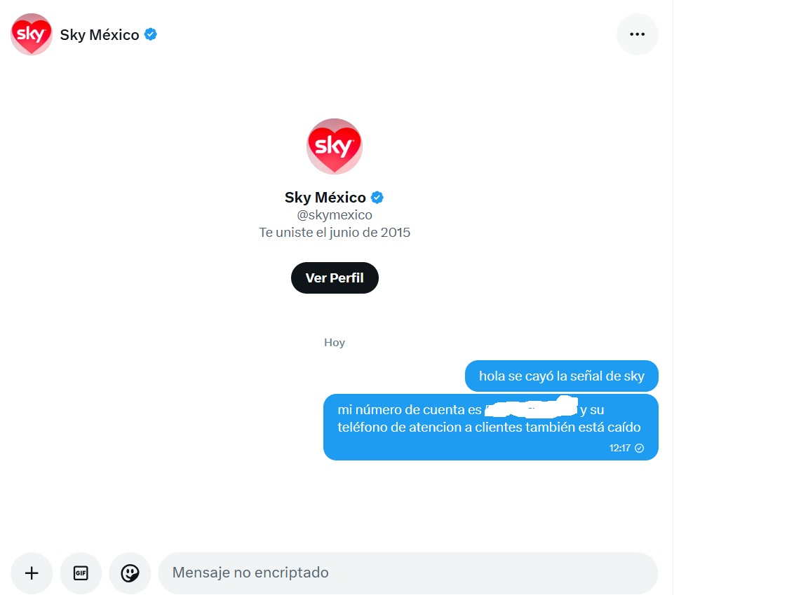 Hace más de una hora que mandé DM a <a href="/skymexico/">Sky México</a> y más de hora y media sin señal y nadie se digna a atender <a href="/Profeco/">Profeco</a> les ruego me ayuden
