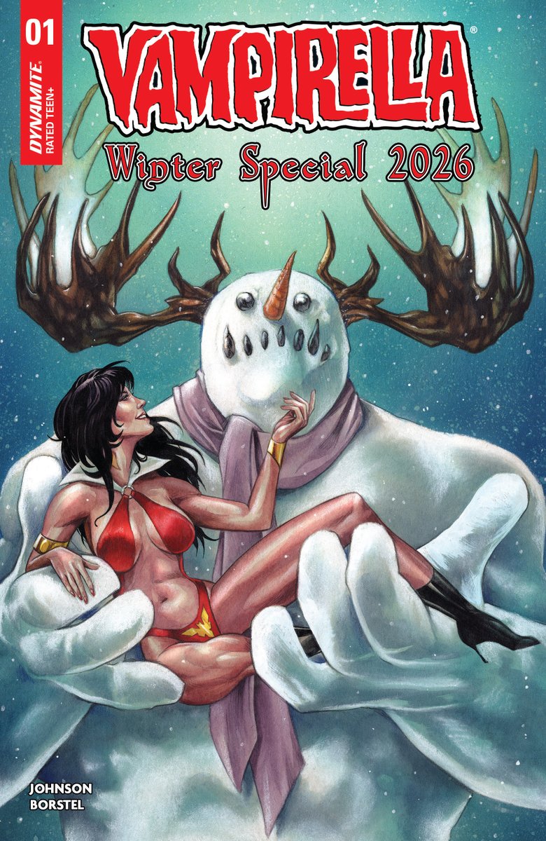 DynamiteComics's tweet photo. In stores this week, Vampirella Winter Special 2026 #1 with covers by Mike Rooth, Joseph Michael Linsner, Celina and model Joanie Brosas

#vampirella #liamjohnson #jordanmichaeljohnson #mikerooth #josephmichaellinsner #celina #joaniebrosas

https://t.co/KQq8OeNaOJ https://t.co/0FHFv0J0xu
