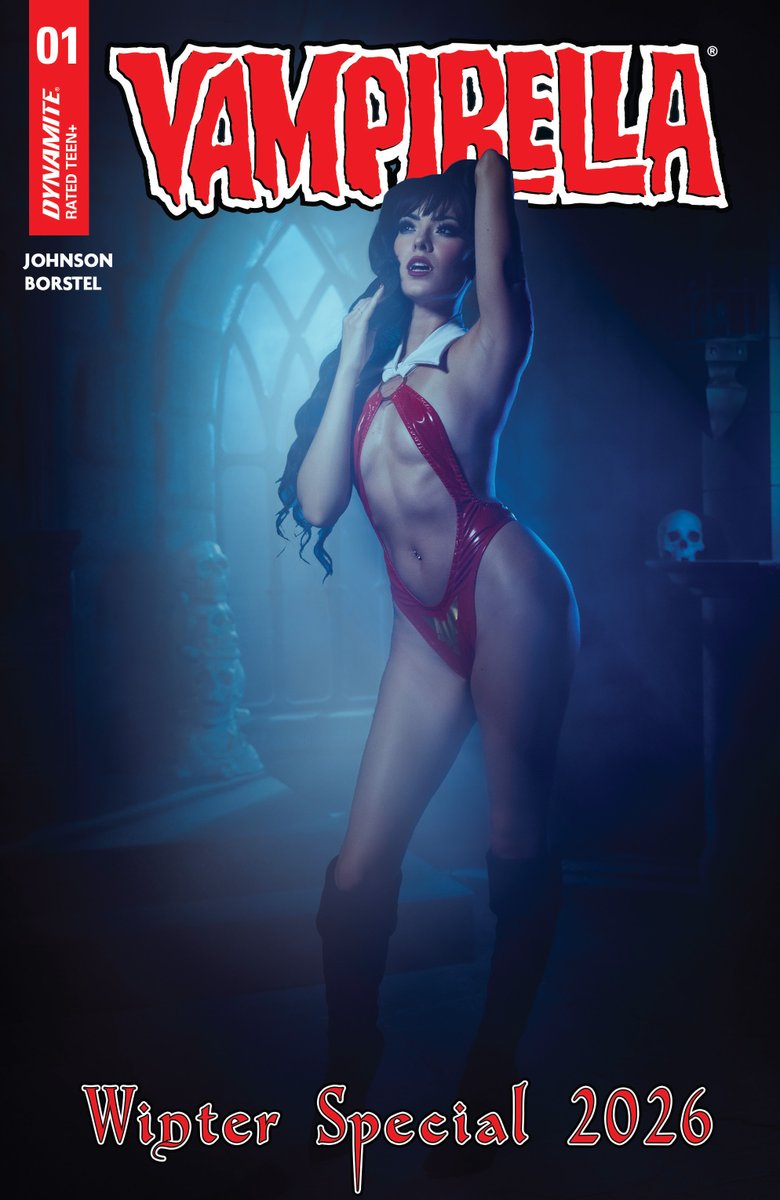 DynamiteComics's tweet photo. In stores this week, Vampirella Winter Special 2026 #1 with covers by Mike Rooth, Joseph Michael Linsner, Celina and model Joanie Brosas

#vampirella #liamjohnson #jordanmichaeljohnson #mikerooth #josephmichaellinsner #celina #joaniebrosas

https://t.co/KQq8OeNaOJ https://t.co/0FHFv0J0xu