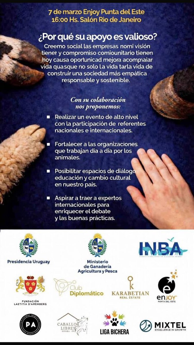 Queremos contarles que fuimos invitados a participar y organizar el Primer Evento Nacional de Bienestar Animal del Uruguay

📅 7 de marzo de 2026
📍 Enjoy Punta del Este – Salón Río de Janeiro