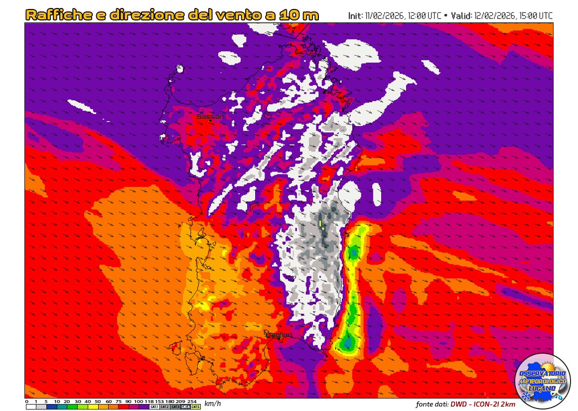 OmlMeteo's tweet photo. Domani si prevedono raffiche molto forti sulla Sardegna, fino a 200 km/h secondo il modello ICON-2I
-Very strong gusts are expected tomorrow on the eastern coast of Sardinia.The high-resolution ICON-2I model estimates speeds well over 200 km/h.Drop anchor! #severeweather #Weather https://t.co/0xkmmiM16Y
