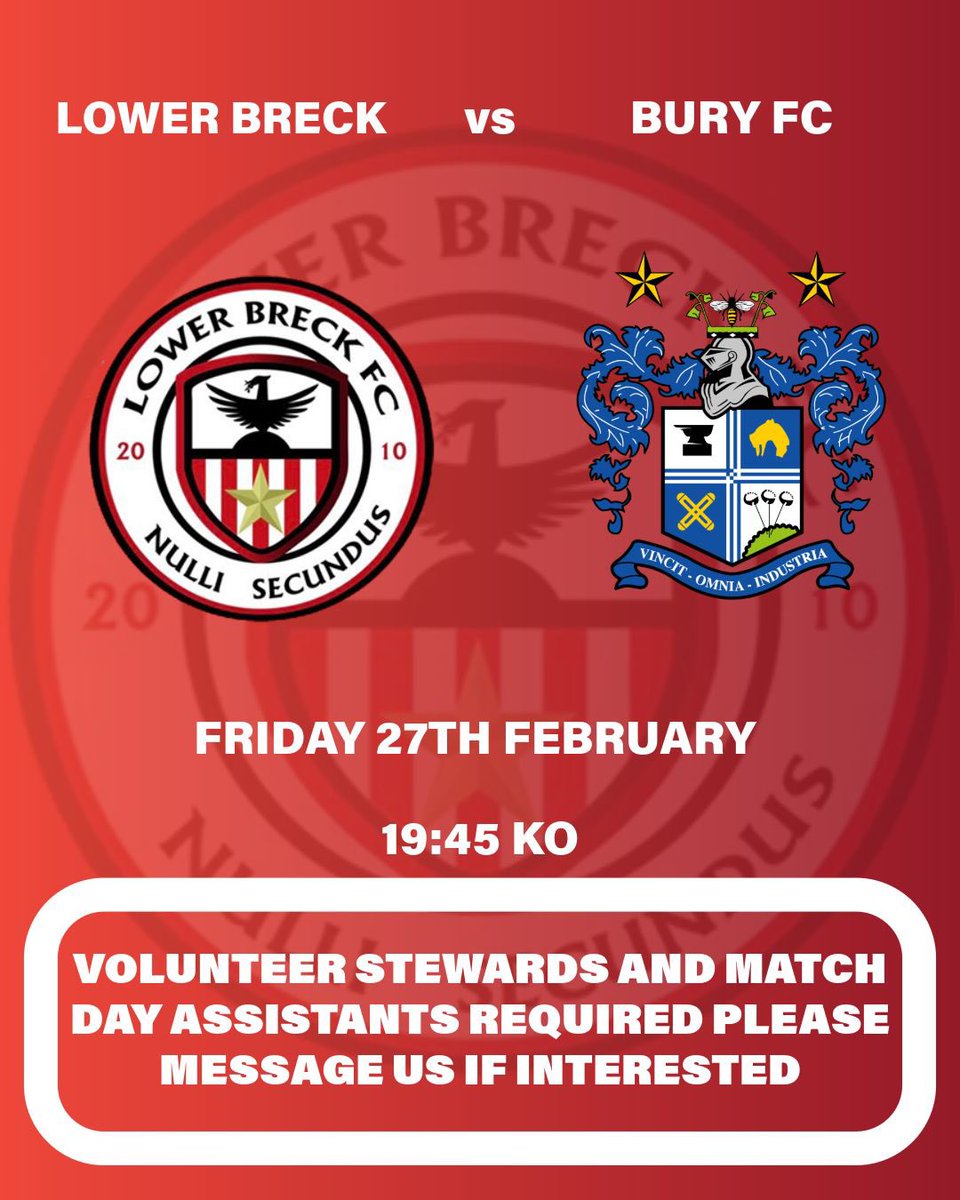 We are looking for some extra volunteer stewards for our upcoming home game v Bury FC which takes place at anfield sports on Friday 27th February at 7:45pm

We have our own Security &amp; experienced stewards there on the night but it would be great if we could supplement them with